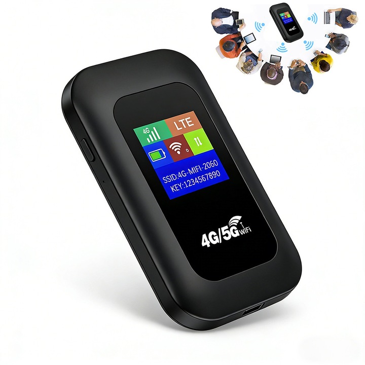 Excitat® Джобен WIFI модем, с батерия и слотове за карти, Множествена връзка, LCD екран, Свързване до 10 устройства, Type-C интерфейс, 2100mAh батерия, Черен