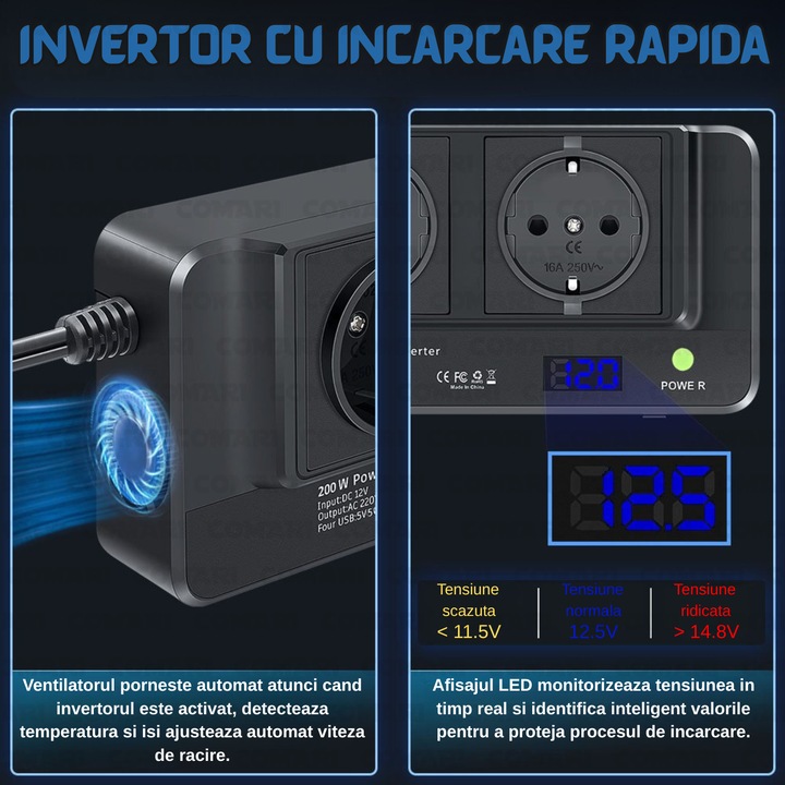 Invertor auto, Comari, 200W, priza 220V AC, 2 USB, Type-C, alimentare 12V, negru