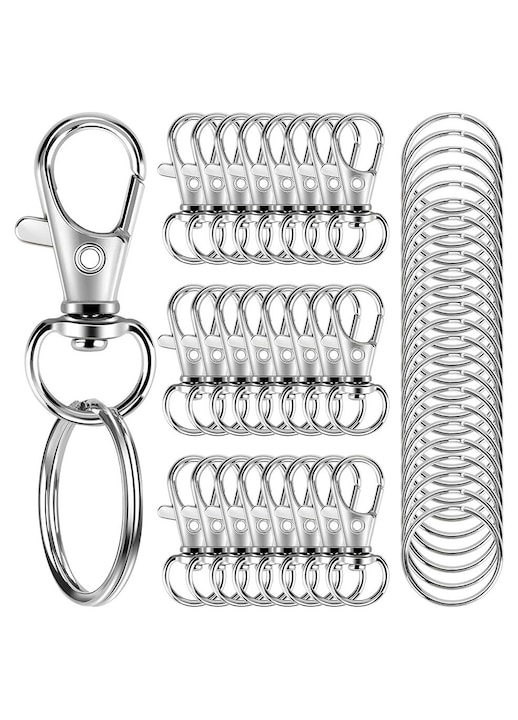 Set 100 Brelocuri, Set 100 carlige pentru brelocuri cu inele, metal, design flexibil, Pentru Lanyarduri, Crafting, Charmuri, chei de masina si alte obiecte mici, Argintiu