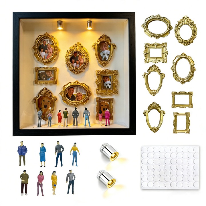 Rama foto 3D Muzeu in Miniatura DIY BEEVME, set cu 8 figurine și 8 rame aurii, 24.5x24.5cm