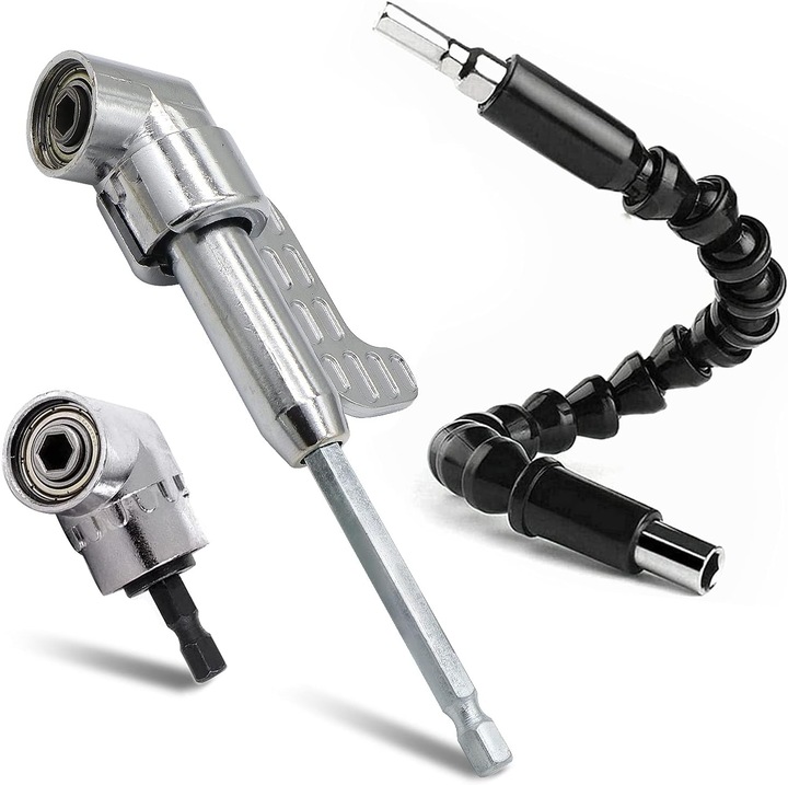 Set 3 Piese: Adaptor Gaurire Unghi de 105 Grade, Extensie Flexibila pentru Surubelnite si Gauritoare