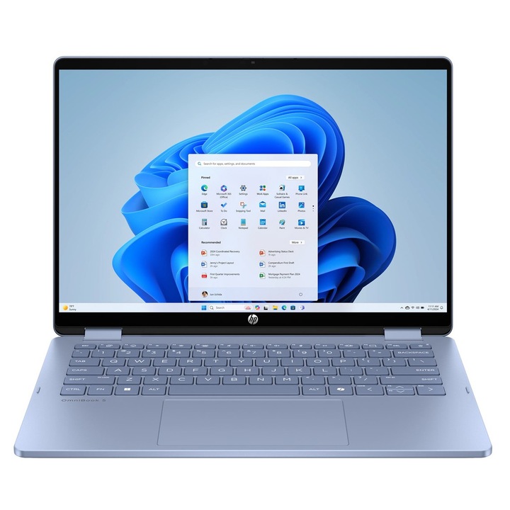 Laptop HP OmniBook 5 Flip, 14" 2K Touchscreen, Intel® Core™ 5 120U pana la 5 GHz, 16 GB RAM LPDDR5 5200, 512 GB SSD, Intel® Graphics, Windows 11 Home, Sky Blue 512 GB