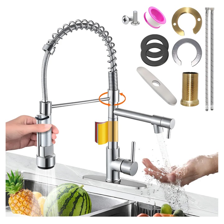 Prémium multifunkcionális konyhai csaptelep, magas kifolyócső, kihúzható zuhanyfejes csap, visszahúzható fej, korrózióálló, pultra szerelhető, modern ergonomikus design, krómozott rozsdamentes acél