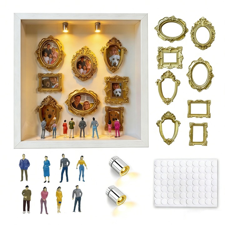 Rama foto 3D Muzeu in Miniatura DIY BEEVME, 24.5x24.5cm, include 8 figurine si ramele aurii, alb