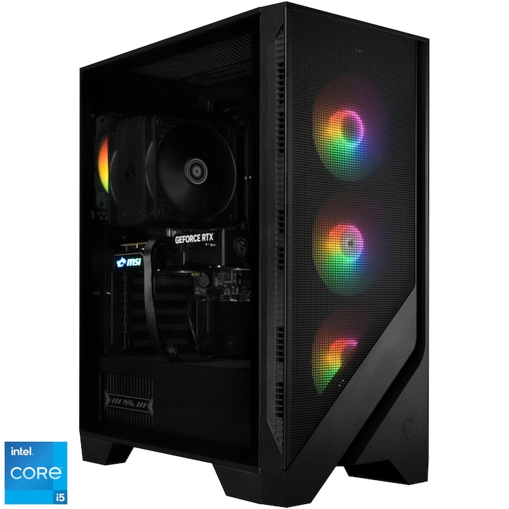 Sistem Desktop PC Gaming A+ cu procesor Intel® Core™ i5 14400F pana la 4.7GHz, 32GB DDR5, 1TB SSD, MSI GeForce RTX™ 5060 8GB GDDR7 GAMING OC, No OS, Black