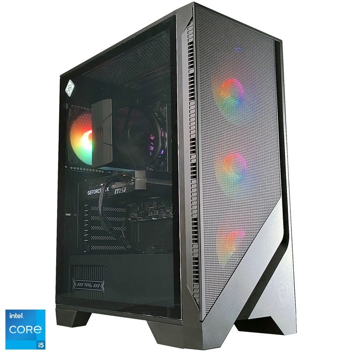 Sistem Desktop PC Gaming A+ cu procesor Intel® Core™ i5 14400F pana la 4.7GHz, 16GB DDR4, 1TB SSD, MSI GeForce RTX™ 5050 8GB GDDR7 SHADOW 2X OC, No OS, Black
