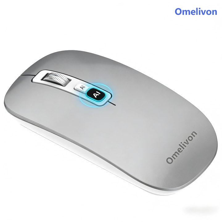 Mouse-ul inteligent wireless AI ®Omelivon，accepta 144 de limbi pentru recunoastere si traducere. Dispune de un model AI extins, asistent AI, asistent de birou, colaborare PPT si capacitati de scriere a documentelor, Bluetooth si USB，argint