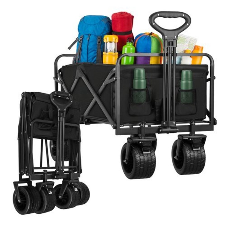 Carucior transport pliabil de gradina si plaja 100 kg cu roti off-road, carut de mana pentru camping si cumparaturi, cadru metalic cu maner reglabil si frana, negru