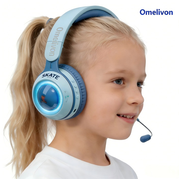Omelivon® rajzfilmes gyerek fejhallgató, hangerővédelem, RGB világítás, levehető mikrofon, 15 órás akkumulátor-üzemidő, kényelmes és állítható habszivacs bélés, ütésálló, TF kártyahely, Bluetooth 5.1, kék