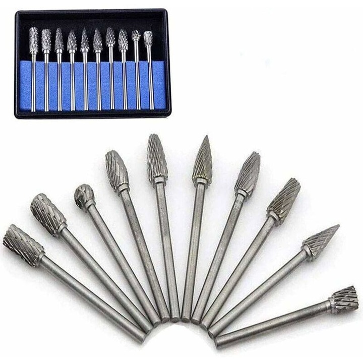 Set de 10 burghie rotative din carbura de tungsten, 3 mm, 6 mm, pentru unelte rotative, dimensiuni 5.8x9.9x1.5 cm