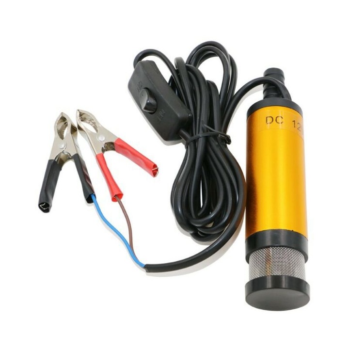 Pompa submersibila 12V pentru apa si motorina, 38mm, cu carcasa din inox si adaptor cu surub, set inclus