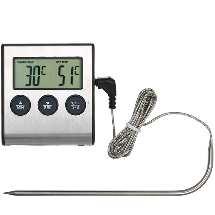 Termometru de gatit, 0~250C, cu alarma si timer, pentru bucatarie si gratar, 72x65x18mm, senzor de 148mm
