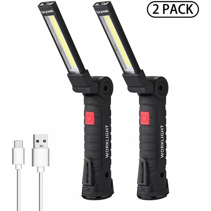 LED munkalámpa, 5 mód, vízálló, hordozható, 2 db, fekete, kompakt