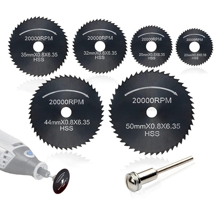 Set 7 discuri de feronerie HSS pentru unelte rotative, 6 dimensiuni, inclusiv tija de extensie 1/8"