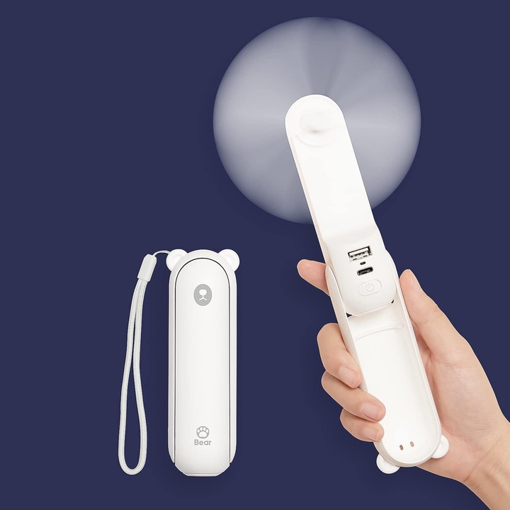 Hordozható ventilátor 4800 mAh power bankkal, akár 46 órás üzemidővel, 3 sebességfokozat, fehér, méretek 13x4.2x4.2cm