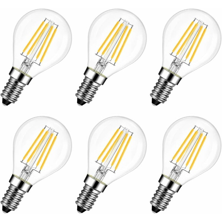 Set 6 becuri LED G45, 6W, 2700K alb cald, stil vintage, E14