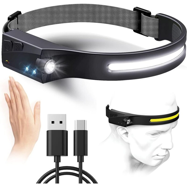 Újratölthető fejlámpa, 350 lumen, IPX4 vízálló, mozgásérzékelő, 5 világítási mód