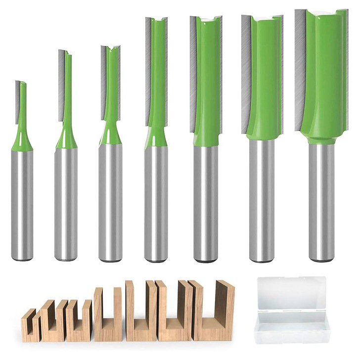 Set freze drepte, 7 piese, freze din carburi de tungsten, 6mm, unelte pentru prelucrarea lemnului, cutie de depozitare