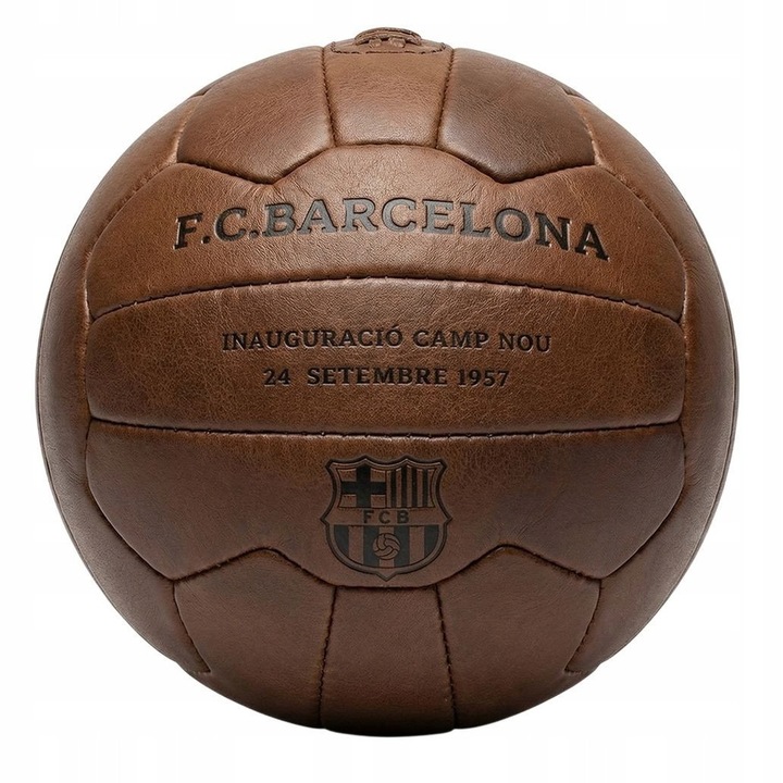Minge de Fotbal Retro Historico, Marimea 5, Piele Naturala, Cusuta la Masina, FC Barcelona