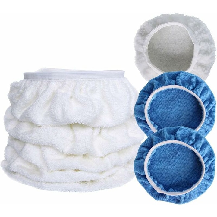 Set de 7 capace de polizare auto, 220-250 mm, 2 pad-uri microfibra (albastru), 4 huse din burete (alb), 1 husa din lana (alb)