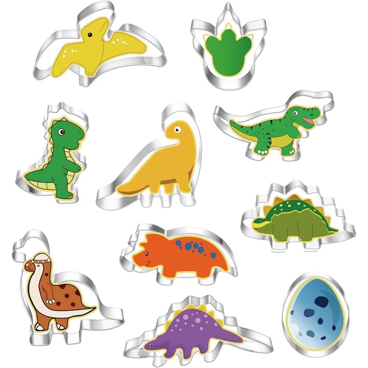 Set forme prajituri dinozaur, 10 piese, din otel inoxidabil, pentru petreceri, multicolor
