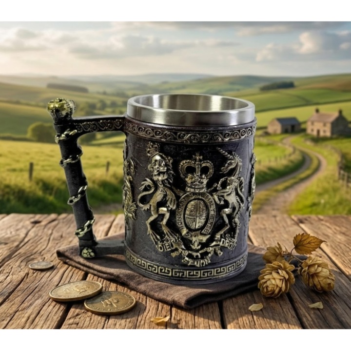 Cana Medievala Decorativa Carodis, Cana Vintage cu Stema Regala, Interior Inox, Design Regal cu Coroana, Cana Tip Halba Fantasy, 350 ml