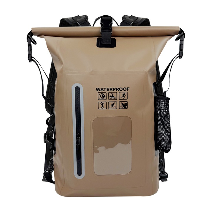 Vízálló táska 25L, feltekerhető zárrendszerrel, állítható pánttal, vízálló, szabadtéri tevékenységekhez, barna