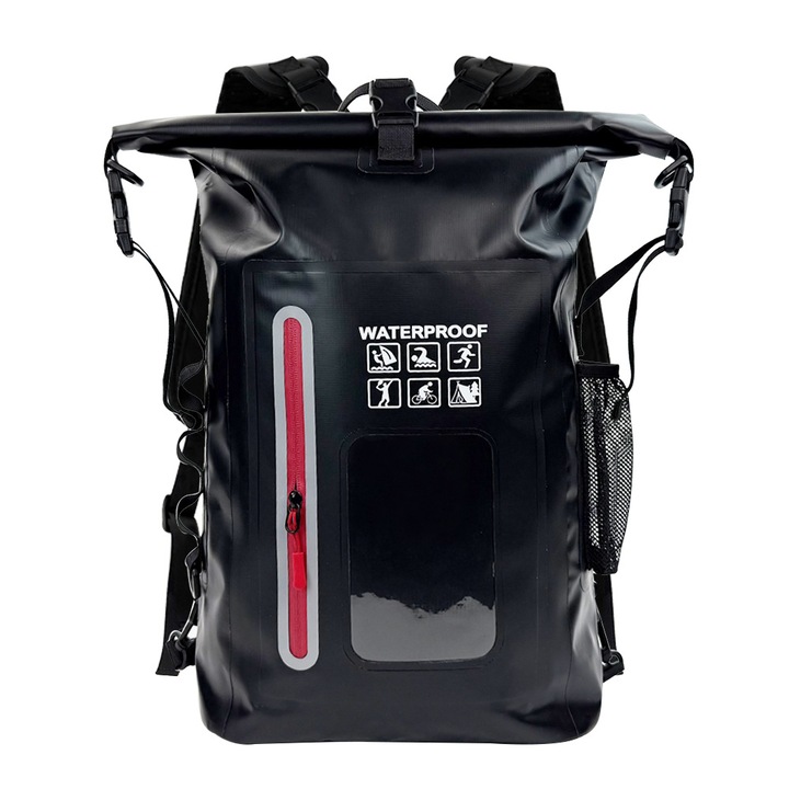 Vízálló táska 25L, roll-top záródású rendszerrel, állítható pánttal, fekete
