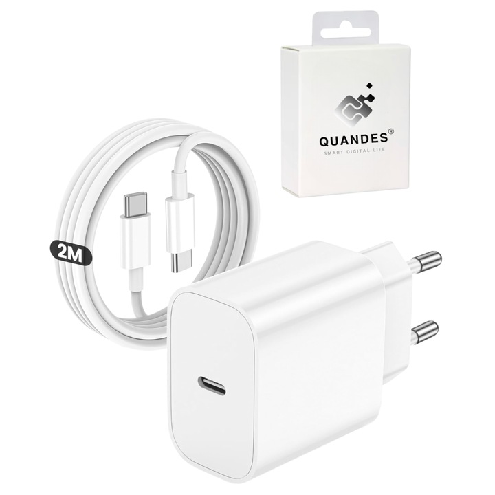 Set Incarcator super Fast Charge USB-C, 20W PD, Cablu date C-C 2 m 5A, QUANDES