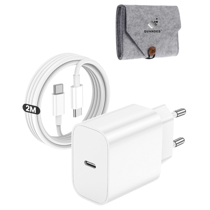 Set Incarcator super Fast Charge USB-C, 20W PD, Cablu date C-C 2 m 5A, si Geanta portabila de depozitare din fetru, compatibil cu iPhone 17 e