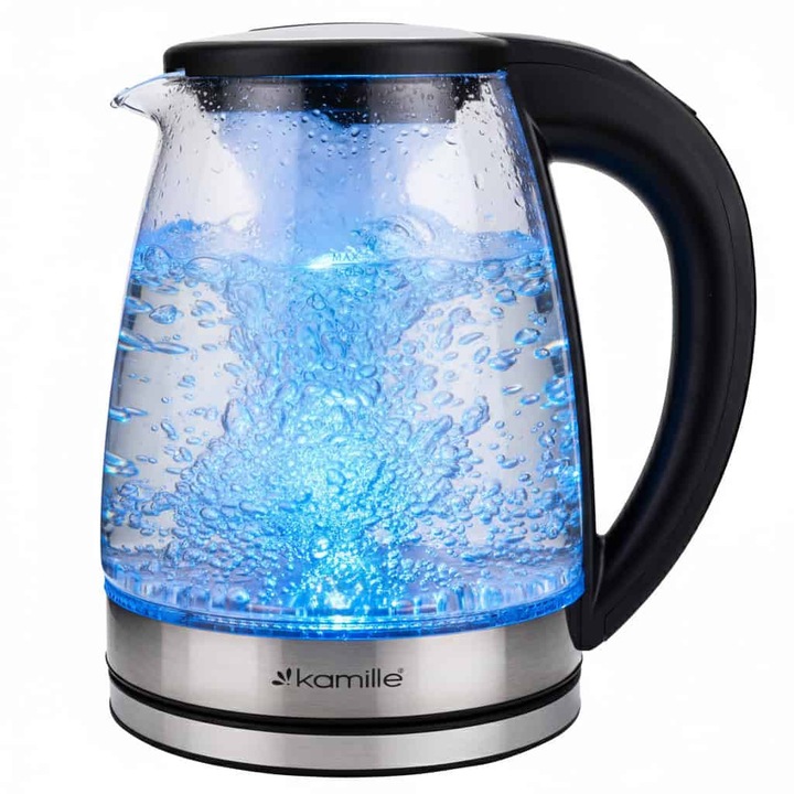 Fierbator Electric, Ceainic Electric, 1.8 L, Reglare Temperatura, Afisaj Digital, Functie Keep War, Corp din Sticla Termorezistenta, Iluminare LED - Kamille KM-1740