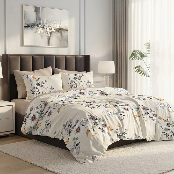 Lenjerie pat dublu Finet 6 piese, NufJoy®, Cearceaf de pat 230x250 cm, cearceaf pilota 200x230 cm, 2 fete perna 70x70 cm, 2 fete perna 50x70 cm, Spring Flowers