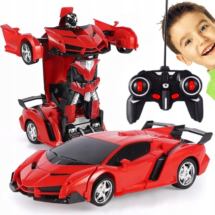 Masina robot telecomandata R/C 2in1 transformare drift lumini LED sunete rotatie 360 jucarie copii rosu