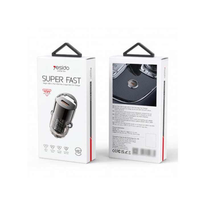 Incarcator Auto Mini Premium Yesido Y67, Fast Charge 45W, 3A, 1 x USB-C, Negru