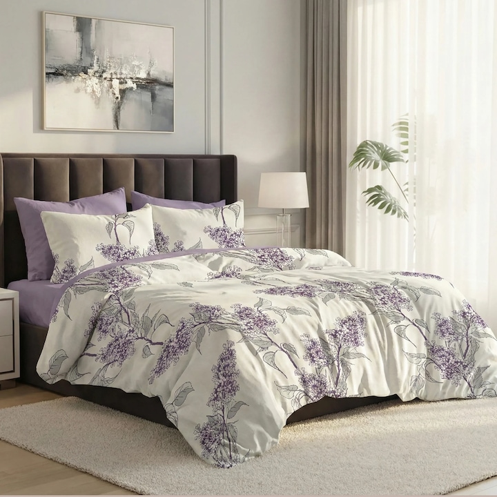 Lenjerie pat dublu Finet 6 piese, NufJoy®, Cearceaf de pat 230x250 cm, cearceaf pilota 200x230 cm, 2 fete perna 70x70 cm, 2 fete perna 50x70 cm, Flori de Liliac