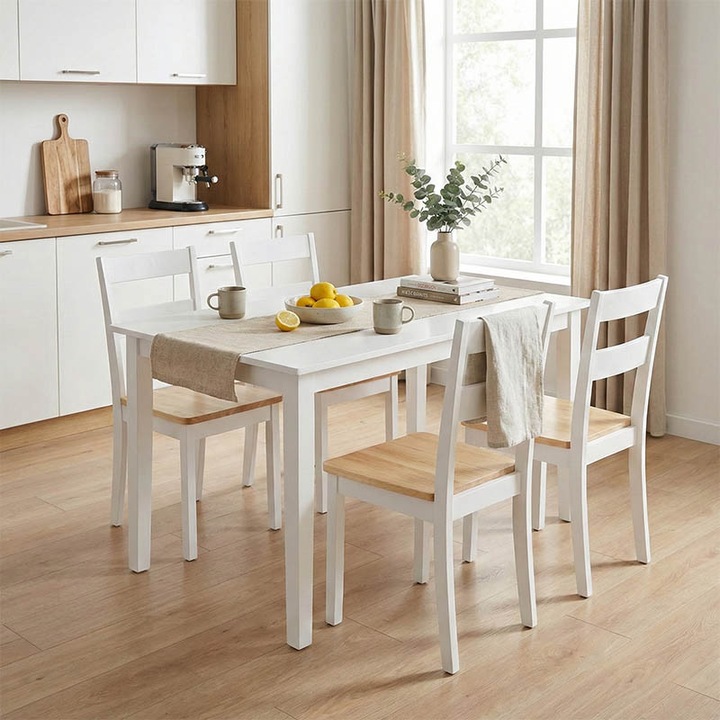 Set Masa si 4 Scaune Mabor-York, alb, 120-150x80x73.8 cm