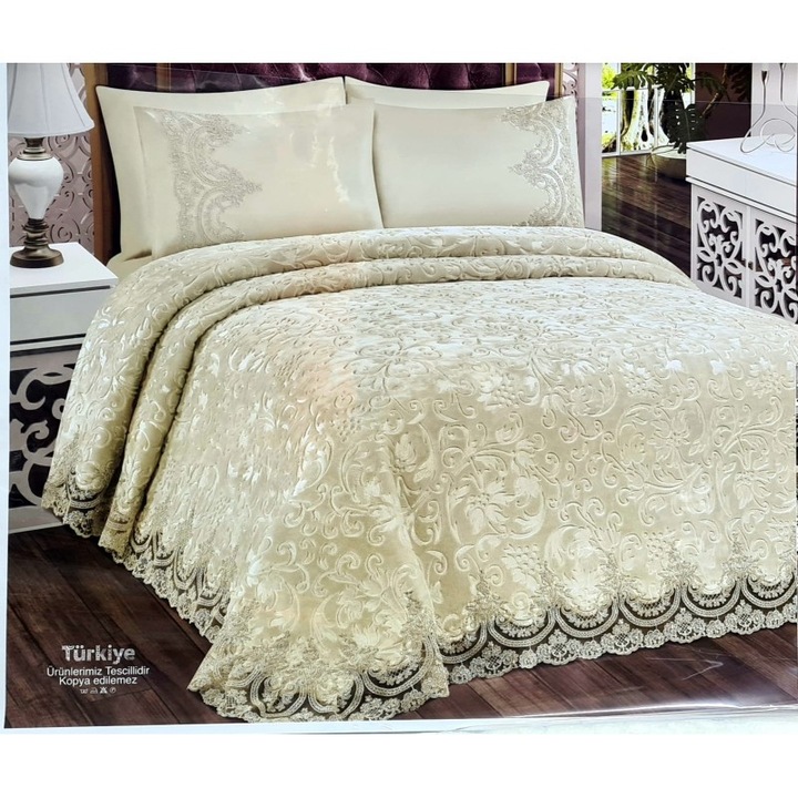 Set Lenjerie de pat Home Collections Sabak Luxury 6 piese, crem deschis, 230x240cm, cuvertura cu dantela