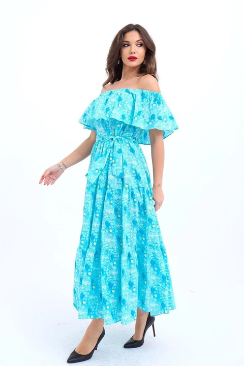 Rochie midi JANES, turcoaz, bumbac