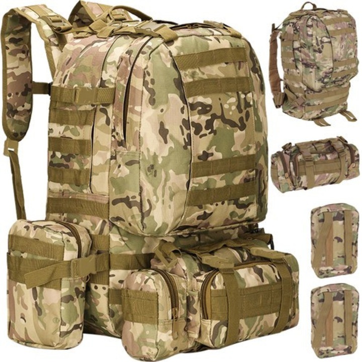 Rucsac tactic militar 45l cu borseta detasabila si sistem molle, ghiozdan armata impermeabil pentru drumetii camping sau scoala, model camuflaj