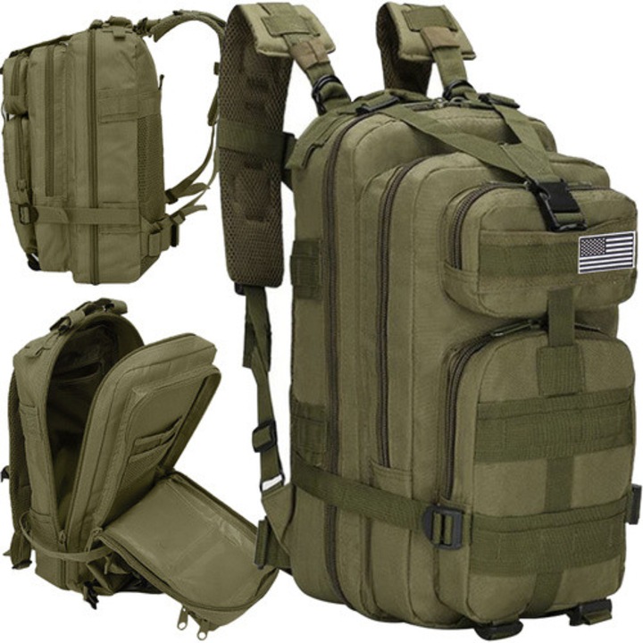 Rucsac militar tactic 35L XL, rucsac drumetii si camping impermeabil cu sistem MOLLE, rucsac hiking rezistent cu 5 compartimente, verde