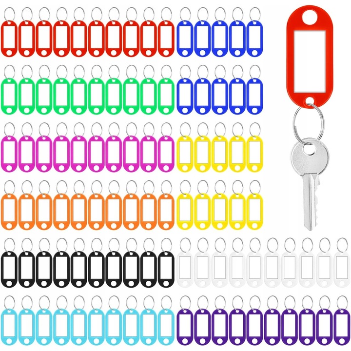 100 db színes címkés kulcstartó szett, műanyag, kompakt, tartós