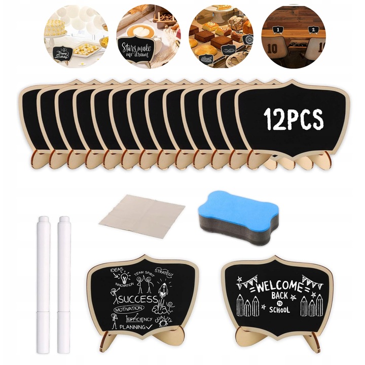 Set 12x etichete negre de masa din lemn, cu suport, reutilizabile, cu markere si servetel, 9x2,9cm