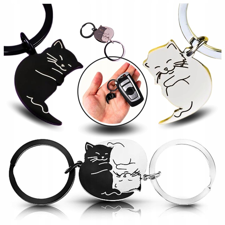 2 darab kulcstartó szett, macskás, rozsdamentes acélból, 2,3x1,4cm