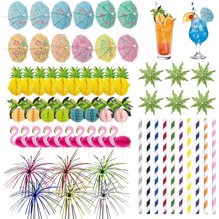 Set 146 de Decoratiuni pentru Cocktailuri, Tropicale, pentru Bauturi si Gustari, Multicolor