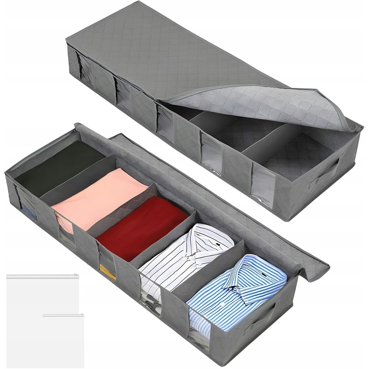 Set 2 cutii de depozitare pliabile, 90L, 97x33x25cm, gri, pentru haine si lenjerie