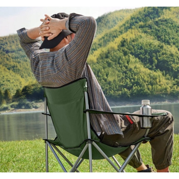 Set 2 scaune camping pliabile, cu suport pentru bauturi, capacitate 120 kg, culoare oliv, dimensiuni 14x86x14cm