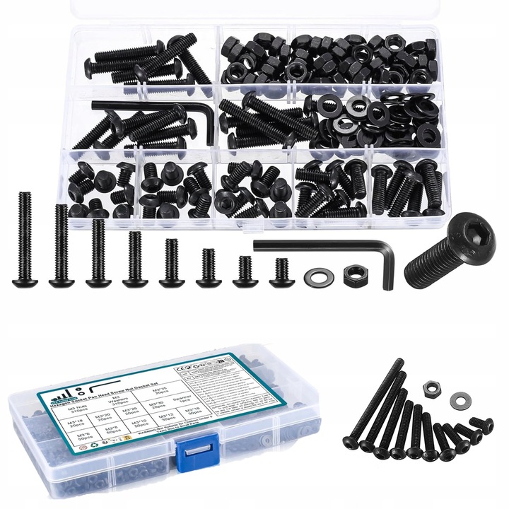 Set 169 piese suruburi M6, suruburi hexagonale, piulite si rondelle, otel, rezistenta ridicata, dimensiuni variate