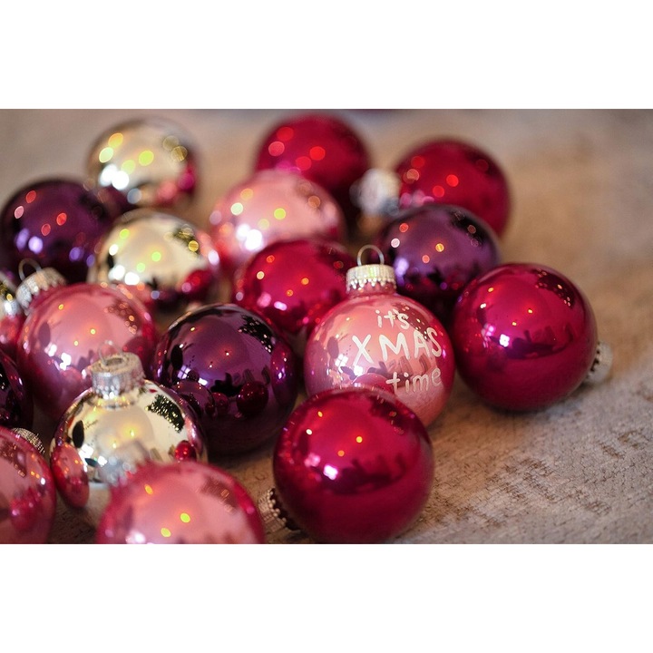 Set 20 globuri de Craciun, sampanie-violet, 8 cm, decorare usoara