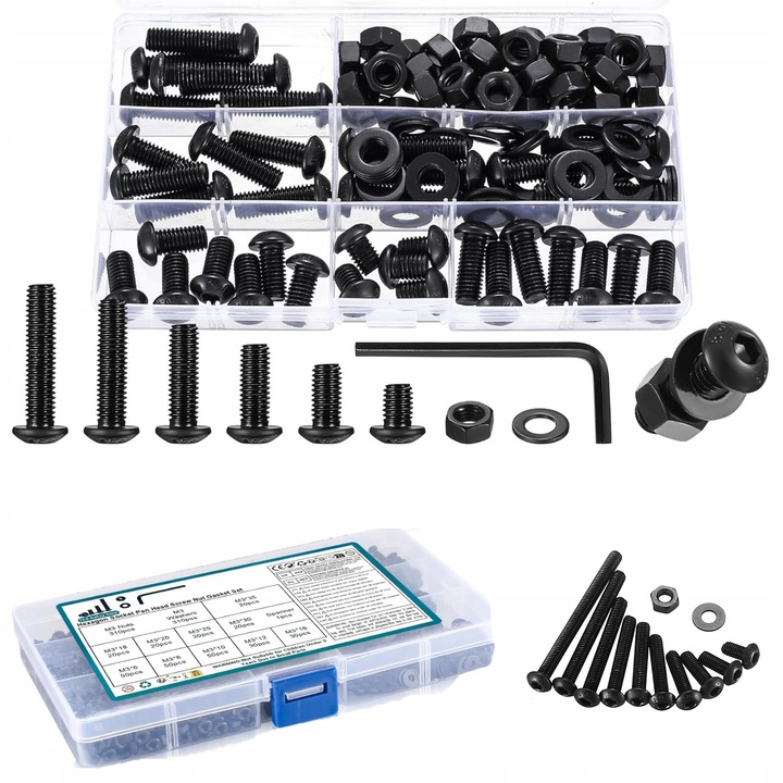 Set 112 suruburi M8 cu piulite si rondelle, otel 10.9, rezistent la coroziune, dimensiuni variate