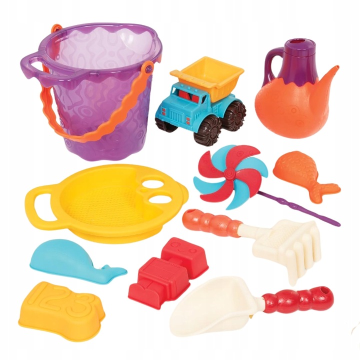 Set jucarii pentru nisip, 11 piese, cu geanta, forme, galeata, lopata, masinuta, multicolor, 31x25x25cm